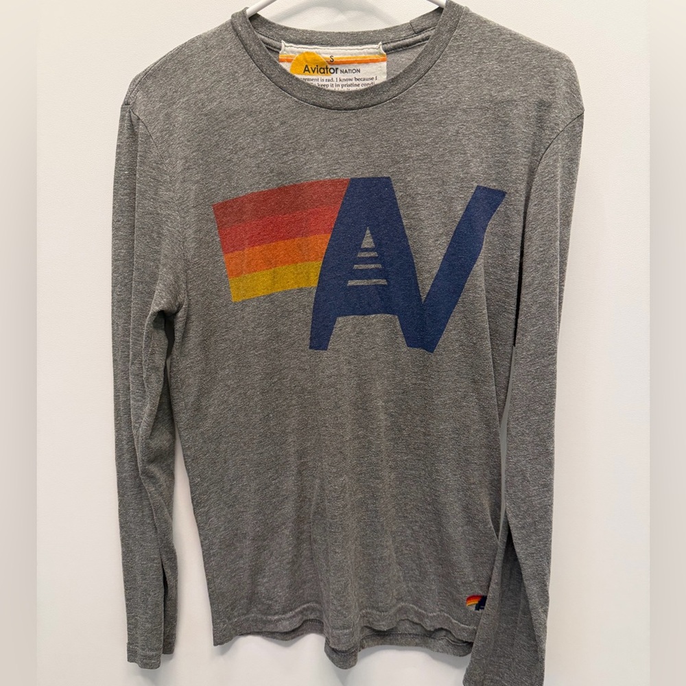 Aviator Nation Unisex Grey Long-Sleeve Graphic Tee - Blue & Red Stripe Logo